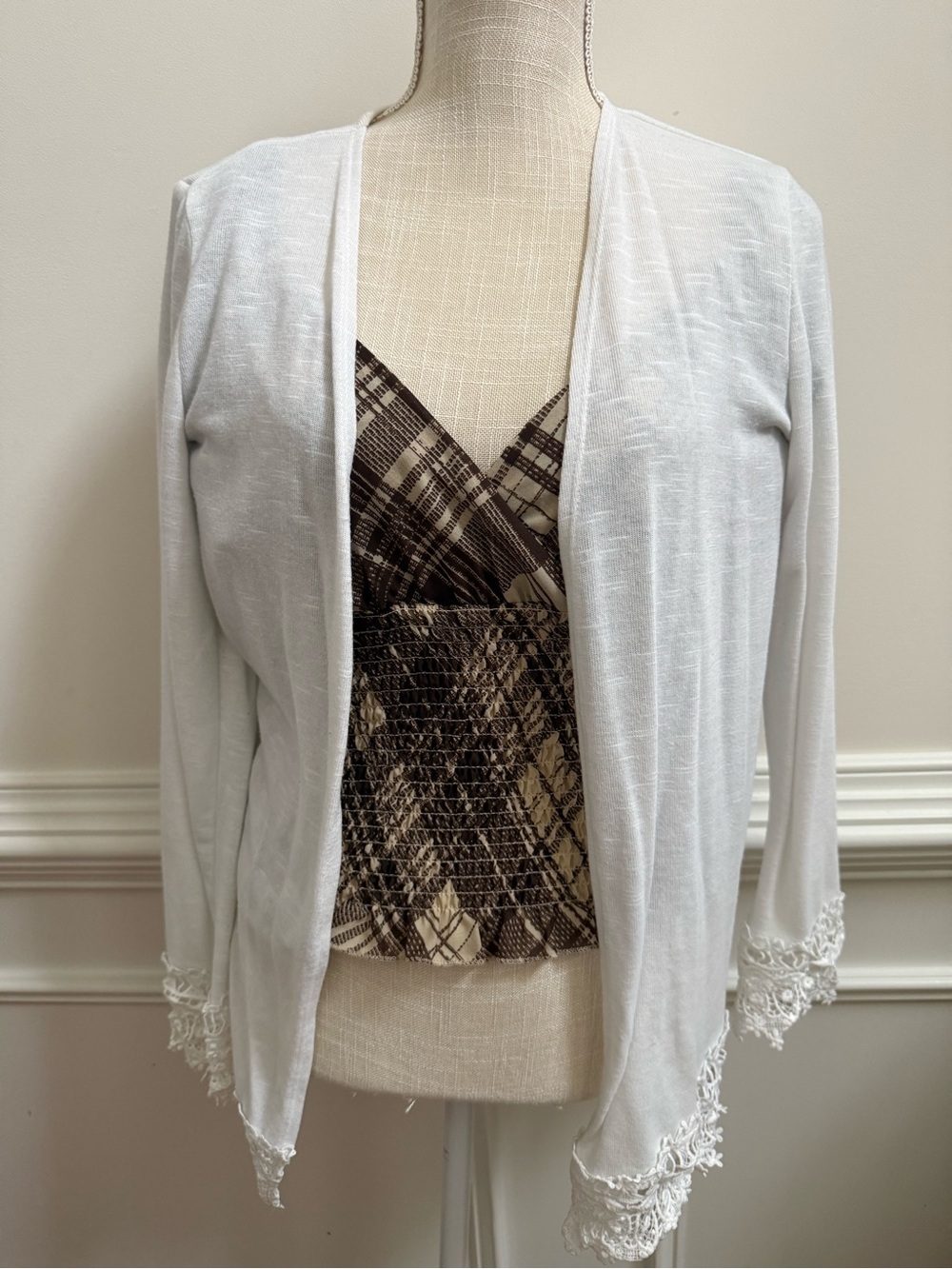 Kim Rogers White Open-Front Cardigan with Lace Trim